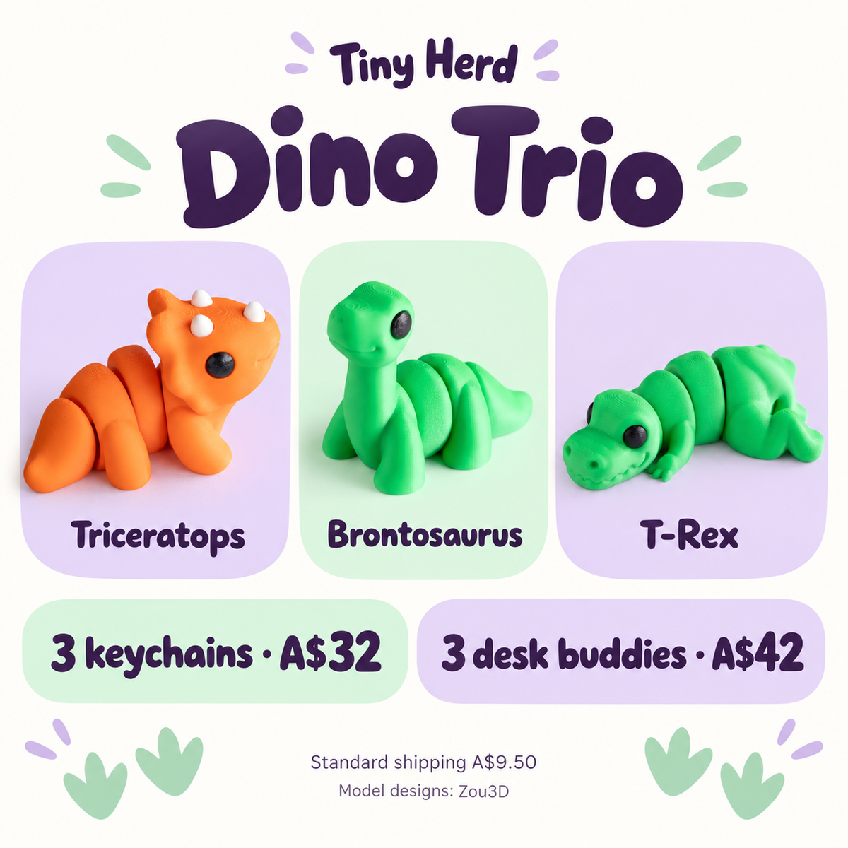 Dino Trio offer graphic showing complete Triceratops, Brontosaurus and T-Rex design examples