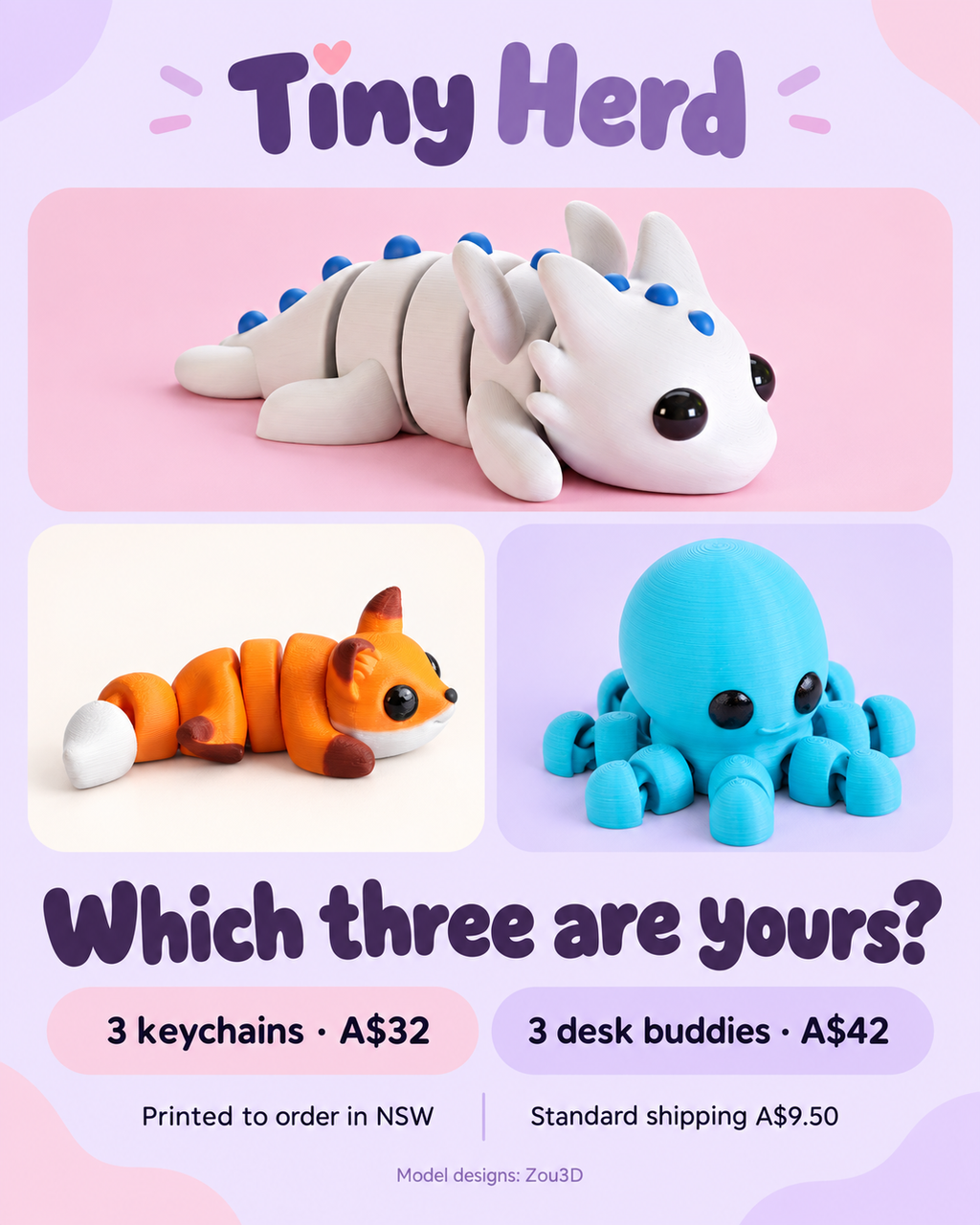 Tiny Herd Starter Herd offer graphic with three example animal designs and A$32 or A$42 bundle prices