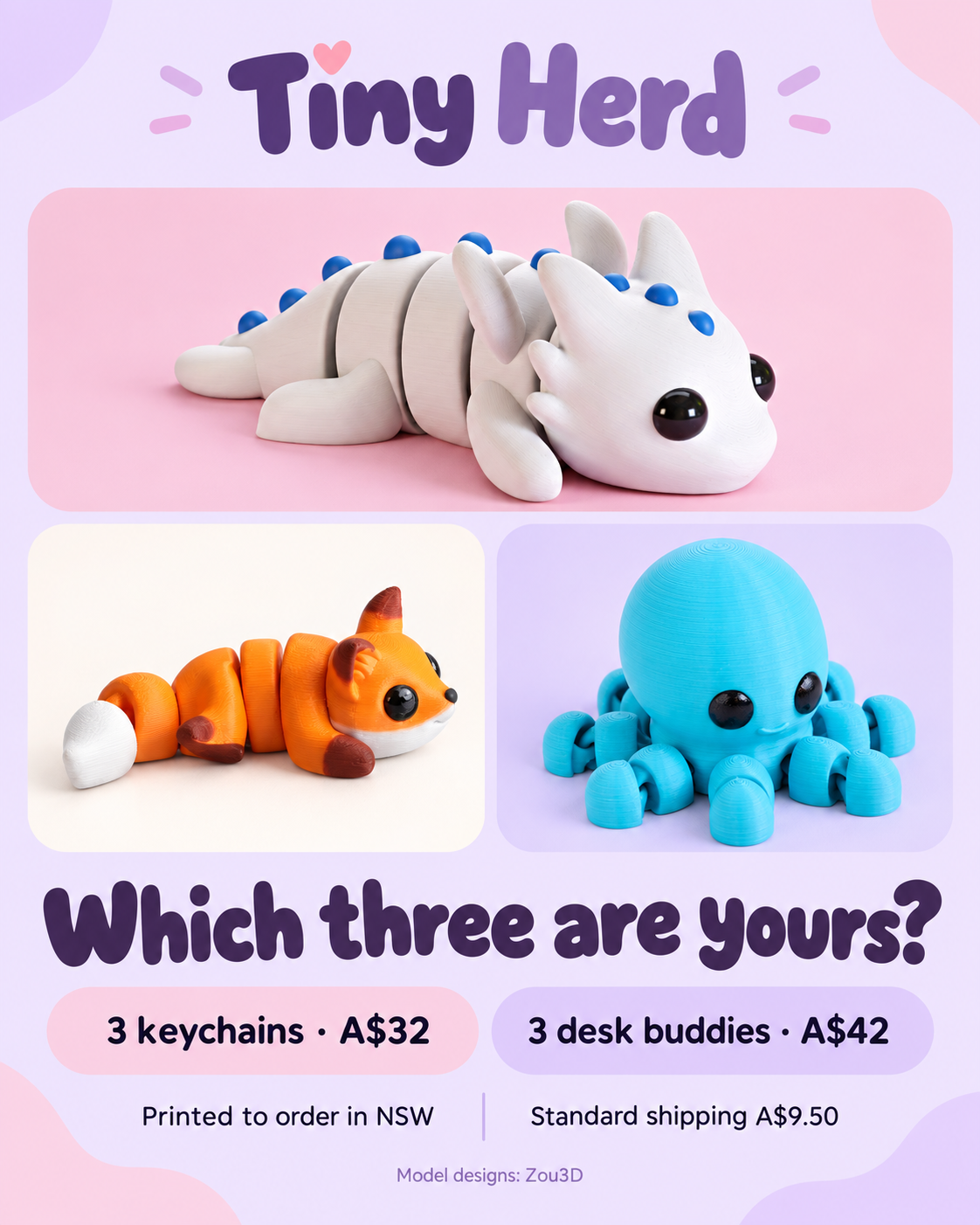 Tiny Herd Starter Herd offer graphic with three example animal designs and A$32 or A$42 bundle prices